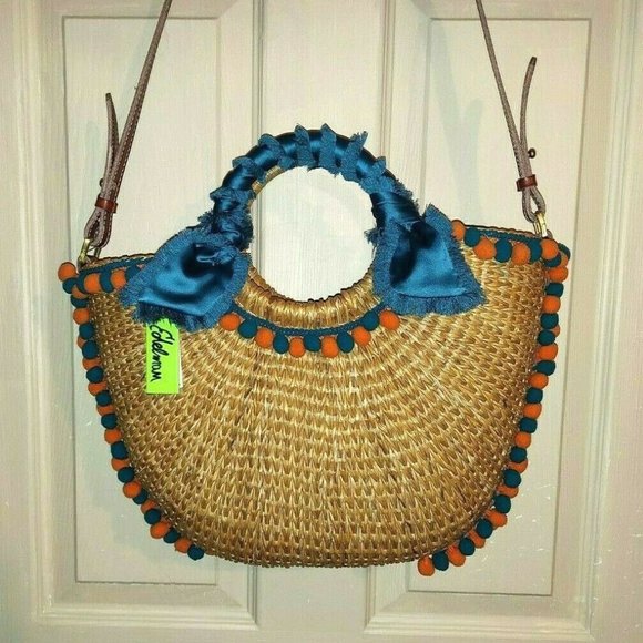 Sam Edelman Inessa Straw Bag Tote W/pompoms - Picture 3 of 7